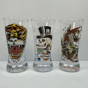Ed Hardy 2oz Flared Shooters Shot Glasses Lot of 3 Skull Fish Tiger